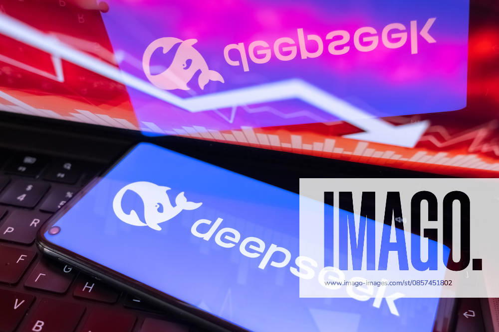 DeepSeek The DeepSeek logo appears on a smartphone screen, and an exchange rate arrow is displayed on a laptop computer screen in the background in Athens, Greece, on May 24, 2026. Athens Greece