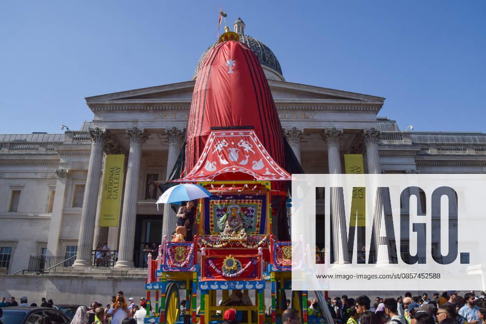 Chariots arrive in Trafalgar Square during Rathayatra Chariot Festival. Three large chariots, carrying the Deity forms of Jagannatha, Baladeva and Subhadra are pulled through the city and displayed in Trafalgar Square where the main festival takes place annually and is attended by devotees of Krishna. London United Kingdom - ZUMAv130 20260524_zip_v130_021