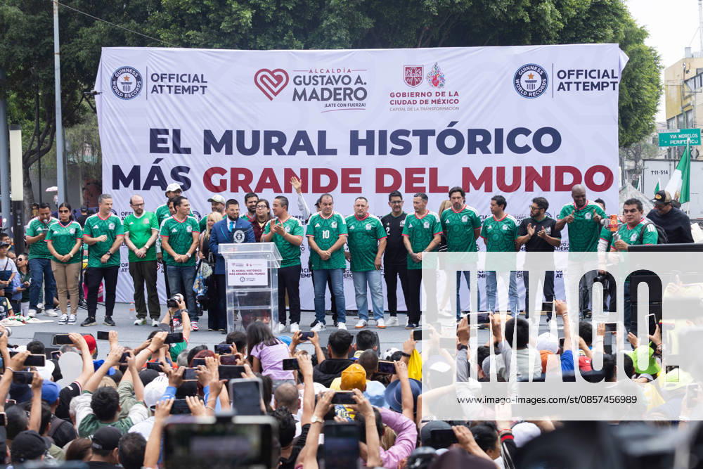 The mural Futbol, recognized as the Guinness World Record largest hand painted brush football mural, was inaugurated in the Martin Carrera neighborhood of Mexico City. Created by Mexican artists, the artwork connects the Mesoamerican ballgame with contemporary football ahead of the 2026 FIFA World Cup. Former soccer players CUAUHTEMOC BLANCO, FRANCISCO KIKIN FONSECA, GERMAN VILLA and ANGEL REYNA attended the event, along with authorities from the Gustavo A. Madero borough and representatives of the Libertad Creativa Intercultural y Objetiva Foundation and the Elena Poniatowska Amor Foundation Mexico City Mexico - ZUMAl178 20260524_znp_l178_054
