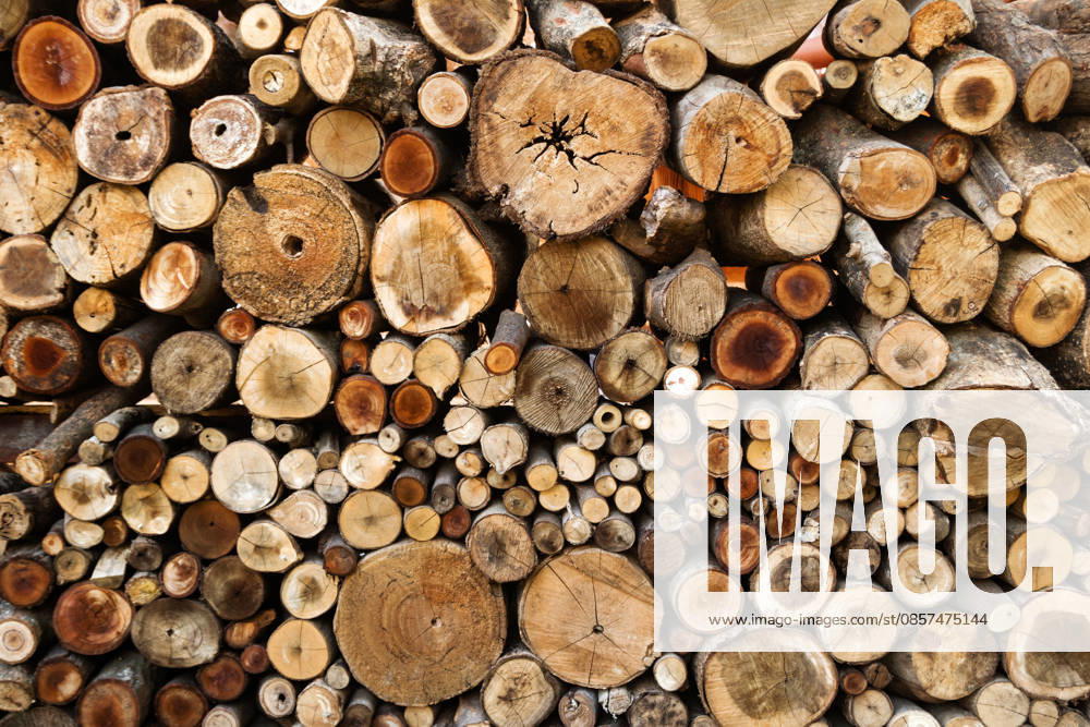 Eine Wand aus trockenen, gehackten Holzscheiten, die zu einem Stapel aufgeschichtet sind. Strukturierter Holzhintergrund. Wall from dry chopped firewood logs stacked up on top of each other in a pile. Textured wooden background. (License=RF)