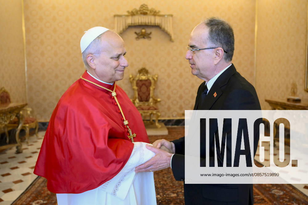 ITALY - POPE LEO XIV RECEIVES IN PRIVATA AUDIENCE HIS EXCELLENCY NR BAJRAM BAGAJ IN THE VATICAN- 2026 5 25 Italy, Rome, Vatican, 2026 5 25.Pope Leo XIV receives in a private audience His Excellency Mr. Bajram Begaj, President of the Republic of Albania in The Vatican - NO BOOKS