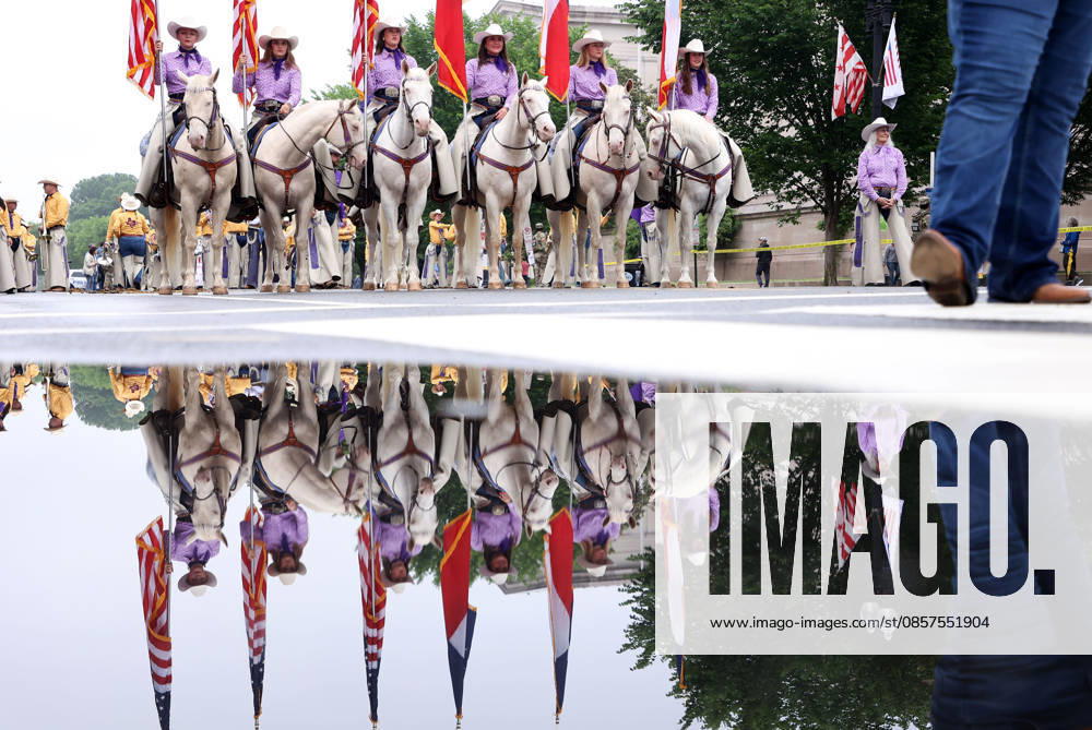 National Memorial Day Parade in Washington DC, USA. Members of the Six White Horses team from Hardin-Simmons University take part in the National Memorial Day Parade on Constitution Avenue in Washington, DC, USA, on May 25, 2026. The parade has been held annually since 2005, marking its 21st anniversary. Washington USA
