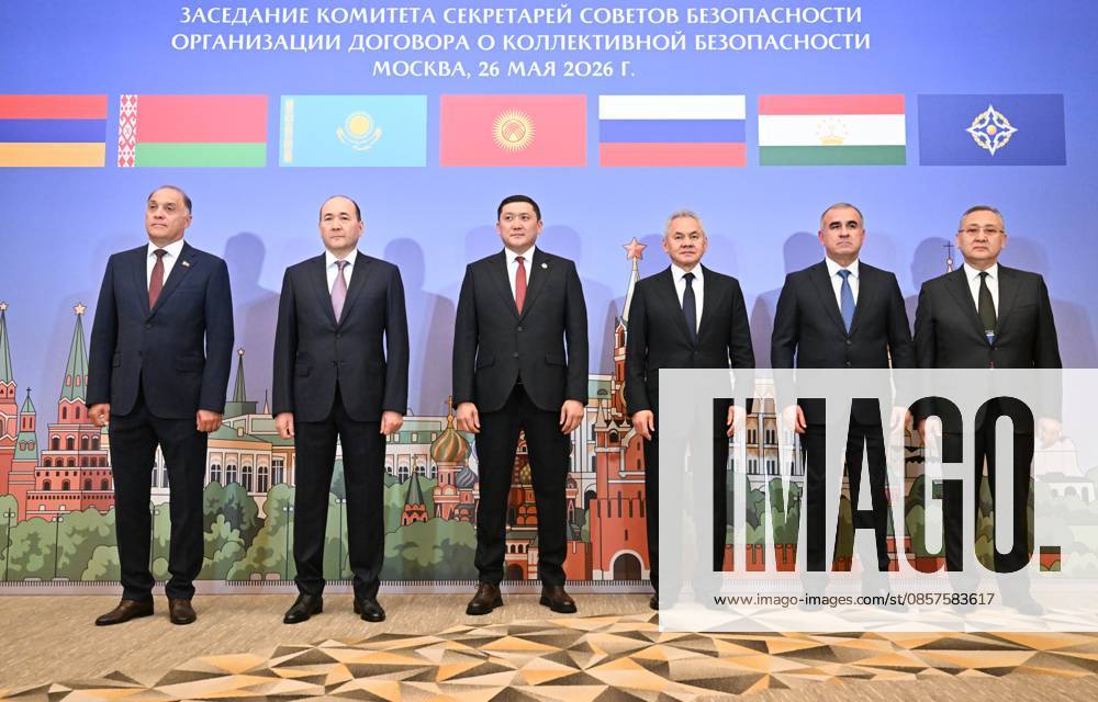 Russia CSTO Security Council Secretaries 9173439 26.05.2026 From left, Belarusian Security Council Secretary Alexander Volfovich, Kazakh Security Council Secretary Gizat Nurdauletov, Kyrgyz Security Council Secretary Adilet Orozbekov, Russian Security Council Secretary Sergei Shoigu, Tajik Security Council Secretary Yusuf Rahmon and Secretary General of the Collective Security Treaty Organization (CSTO) Taalatbek Masadykov pose for a group photo before a meeting of the CSTO Committee of Security Councils Secretaries in Moscow, Russia. Stanislav Krasilnikov Sputnik Moscow Russia