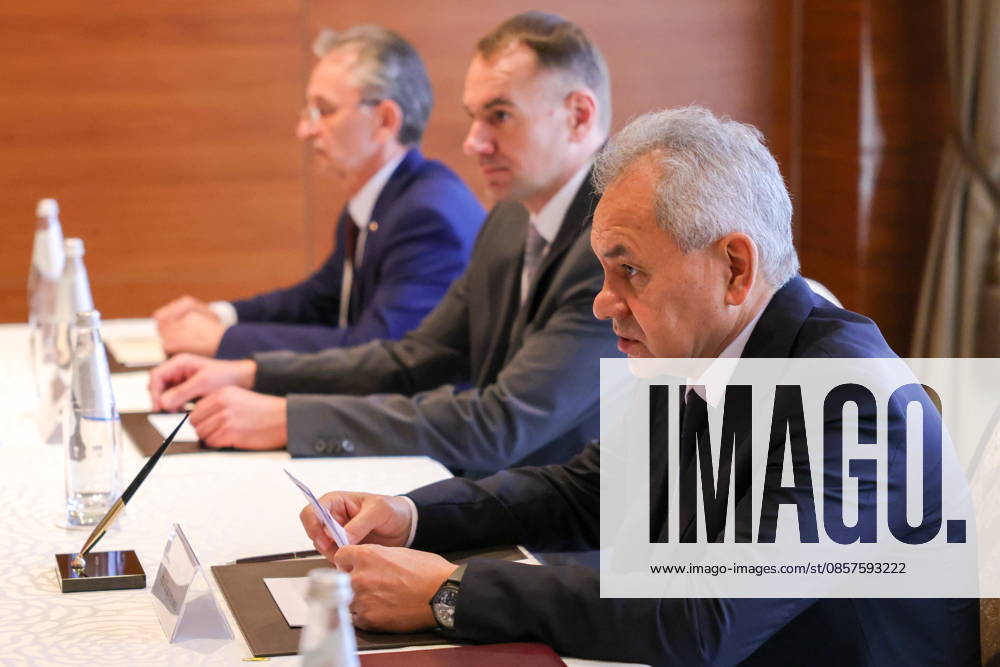 RUSSIA, MOSCOW - MAY 26, 2026: Russian Security Council Secretary Sergei Shoigu (front) during a bilateral meeting with Belarusian Security Council Secretary Volfovich (not pictured) on the sidelines of a meeting of the Committee of Security Council Secretaries of the Collective Security Treaty Oranisation (CSTO). Artyom Geodakyan TASS 93053405