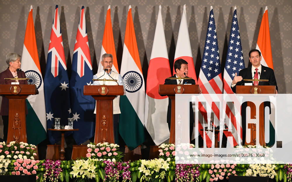 (L-R) Australian Foreign Minister Penny Wong, External Affairs Minister S Jaishankar, Japanese Foreign Minister Toshimitsu Motegi and US Secretary of State Marco Rubio address a joint press conference following the conclusion of the 11th Quad Foreign Ministers Meeting at Hyderabad House on May 26, 2026 in New Delhi, India. In a strongly worded joint statement, the ministers unequivocally condemned cross-border terrorism, explicitly calling out the horrific attacks perpetrated at Pahalgam in India and Bondi Beach in Australia. Turning their focus to the economic fallout of the broader West Asia crisis, the grouping collectively issued a sharp warning against maritime disruption in the Strait of Hormuz and the Red