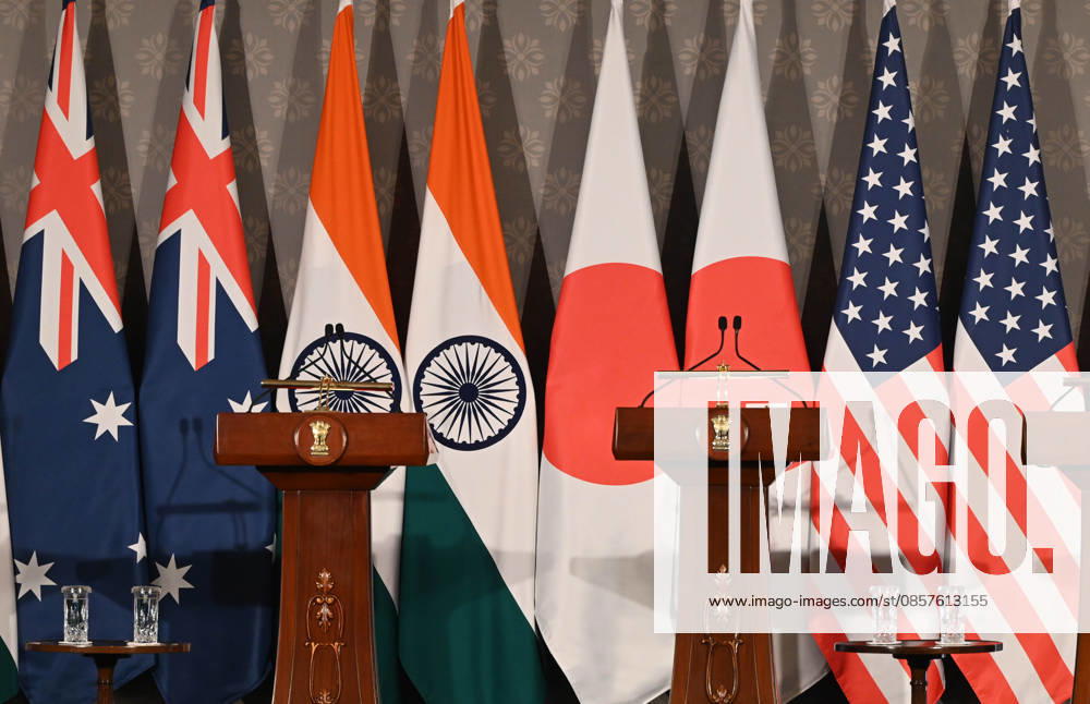 National flags of Australia, India, Japan, and the United States stood side-by-side during joint press conference following the conclusion of the 11th Quad Foreign Ministers Meeting at Hyderabad House on May 26, 2026 in New Delhi, India. The ministerial summit hosted by Indian External Affairs Minister S Jaishankar brought together US Secretary of State Marco Rubio, Australian Foreign Minister Penny Wong, and Japanese Foreign Minister Toshimitsu Motegi at a time of severe global supply chain friction and ongoing maritime posturing.(Photo by Arvind Yadav Hindustan Times) 11th Quad Foreign Ministers Meeting In Delhi