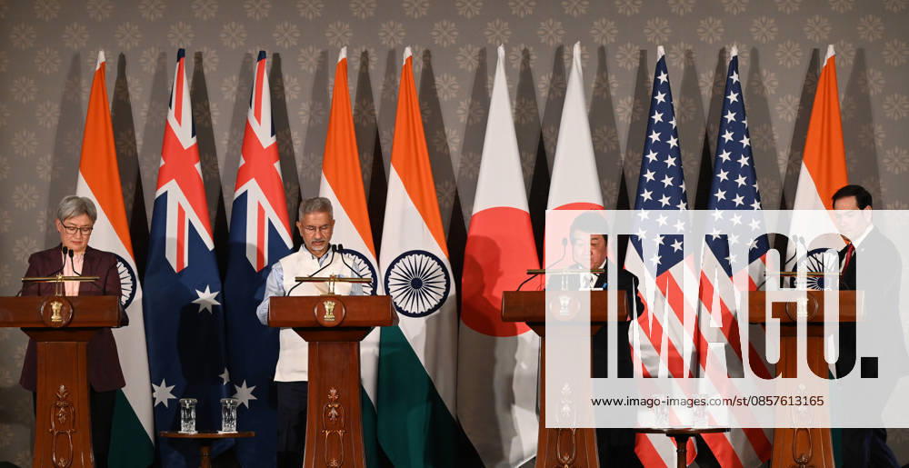 (L-R) Australian Foreign Minister Penny Wong, External Affairs Minister S Jaishankar, Japanese Foreign Minister Toshimitsu Motegi and US Secretary of State Marco Rubio address a joint press conference following the conclusion of the 11th Quad Foreign Ministers Meeting at Hyderabad House on May 26, 2026 in New Delhi, India. In a strongly worded joint statement, the ministers unequivocally condemned cross-border terrorism, explicitly calling out the horrific attacks perpetrated at Pahalgam in India and Bondi Beach in Australia. Turning their focus to the economic fallout of the broader West Asia crisis, the grouping collectively issued a sharp warning against maritime disruption in the Strait of Hormuz and the Red