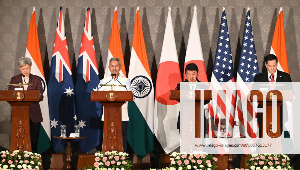 (L-R) Australian Foreign Minister Penny Wong, External Affairs Minister S Jaishankar, Japanese Foreign Minister Toshimitsu Motegi and US Secretary of State Marco Rubio address a joint press conference following the conclusion of the 11th Quad Foreign Ministers Meeting at Hyderabad House on May 26, 2026 in New Delhi, India. In a strongly worded joint statement, the ministers unequivocally condemned cross-border terrorism, explicitly calling out the horrific attacks perpetrated at Pahalgam in India and Bondi Beach in Australia. Turning their focus to the economic fallout of the broader West Asia crisis, the grouping collectively issued a sharp warning against maritime disruption in the Strait of Hormuz and the Red