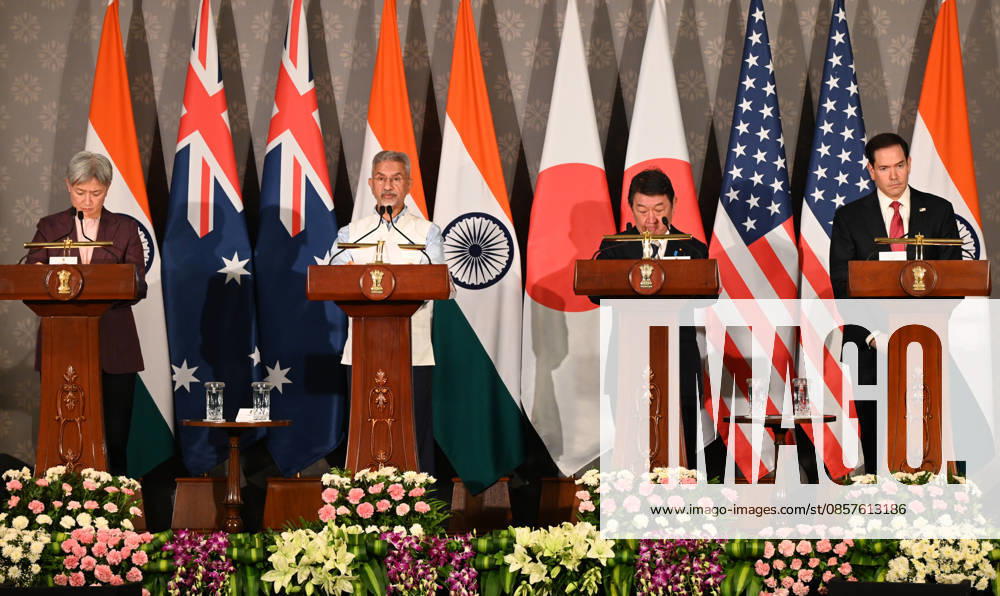 (L-R) Australian Foreign Minister Penny Wong, External Affairs Minister S Jaishankar, Japanese Foreign Minister Toshimitsu Motegi and US Secretary of State Marco Rubio address a joint press conference following the conclusion of the 11th Quad Foreign Ministers Meeting at Hyderabad House on May 26, 2026 in New Delhi, India. In a strongly worded joint statement, the ministers unequivocally condemned cross-border terrorism, explicitly calling out the horrific attacks perpetrated at Pahalgam in India and Bondi Beach in Australia. Turning their focus to the economic fallout of the broader West Asia crisis, the grouping collectively issued a sharp warning against maritime disruption in the Strait of Hormuz and the Red