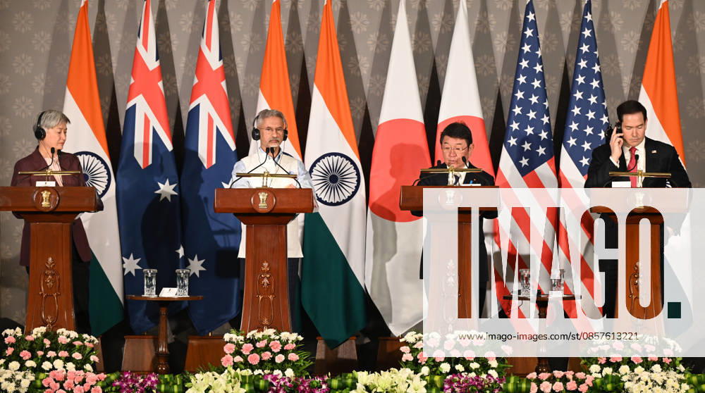 (L-R) Australian Foreign Minister Penny Wong, External Affairs Minister S Jaishankar, Japanese Foreign Minister Toshimitsu Motegi and US Secretary of State Marco Rubio address a joint press conference following the conclusion of the 11th Quad Foreign Ministers Meeting at Hyderabad House on May 26, 2026 in New Delhi, India. In a strongly worded joint statement, the ministers unequivocally condemned cross-border terrorism, explicitly calling out the horrific attacks perpetrated at Pahalgam in India and Bondi Beach in Australia. Turning their focus to the economic fallout of the broader West Asia crisis, the grouping collectively issued a sharp warning against maritime disruption in the Strait of Hormuz and the Red