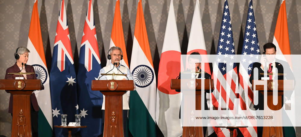 (L-R) Australian Foreign Minister Penny Wong, External Affairs Minister S Jaishankar, Japanese Foreign Minister Toshimitsu Motegi and US Secretary of State Marco Rubio address a joint press conference following the conclusion of the 11th Quad Foreign Ministers Meeting at Hyderabad House on May 26, 2026 in New Delhi, India. In a strongly worded joint statement, the ministers unequivocally condemned cross-border terrorism, explicitly calling out the horrific attacks perpetrated at Pahalgam in India and Bondi Beach in Australia. Turning their focus to the economic fallout of the broader West Asia crisis, the grouping collectively issued a sharp warning against maritime disruption in the Strait of Hormuz and the Red