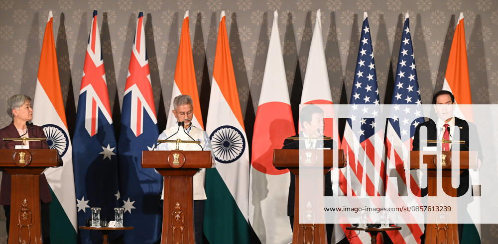 (L-R) Australian Foreign Minister Penny Wong, External Affairs Minister S Jaishankar, Japanese Foreign Minister Toshimitsu Motegi and US Secretary of State Marco Rubio address a joint press conference following the conclusion of the 11th Quad Foreign Ministers Meeting at Hyderabad House on May 26, 2026 in New Delhi, India. In a strongly worded joint statement, the ministers unequivocally condemned cross-border terrorism, explicitly calling out the horrific attacks perpetrated at Pahalgam in India and Bondi Beach in Australia. Turning their focus to the economic fallout of the broader West Asia crisis, the grouping collectively issued a sharp warning against maritime disruption in the Strait of Hormuz and the Red