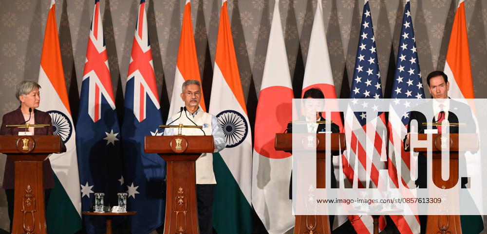(L-R) Australian Foreign Minister Penny Wong, External Affairs Minister S Jaishankar, Japanese Foreign Minister Toshimitsu Motegi and US Secretary of State Marco Rubio address a joint press conference following the conclusion of the 11th Quad Foreign Ministers Meeting at Hyderabad House on May 26, 2026 in New Delhi, India. In a strongly worded joint statement, the ministers unequivocally condemned cross-border terrorism, explicitly calling out the horrific attacks perpetrated at Pahalgam in India and Bondi Beach in Australia. Turning their focus to the economic fallout of the broader West Asia crisis, the grouping collectively issued a sharp warning against maritime disruption in the Strait of Hormuz and the Red