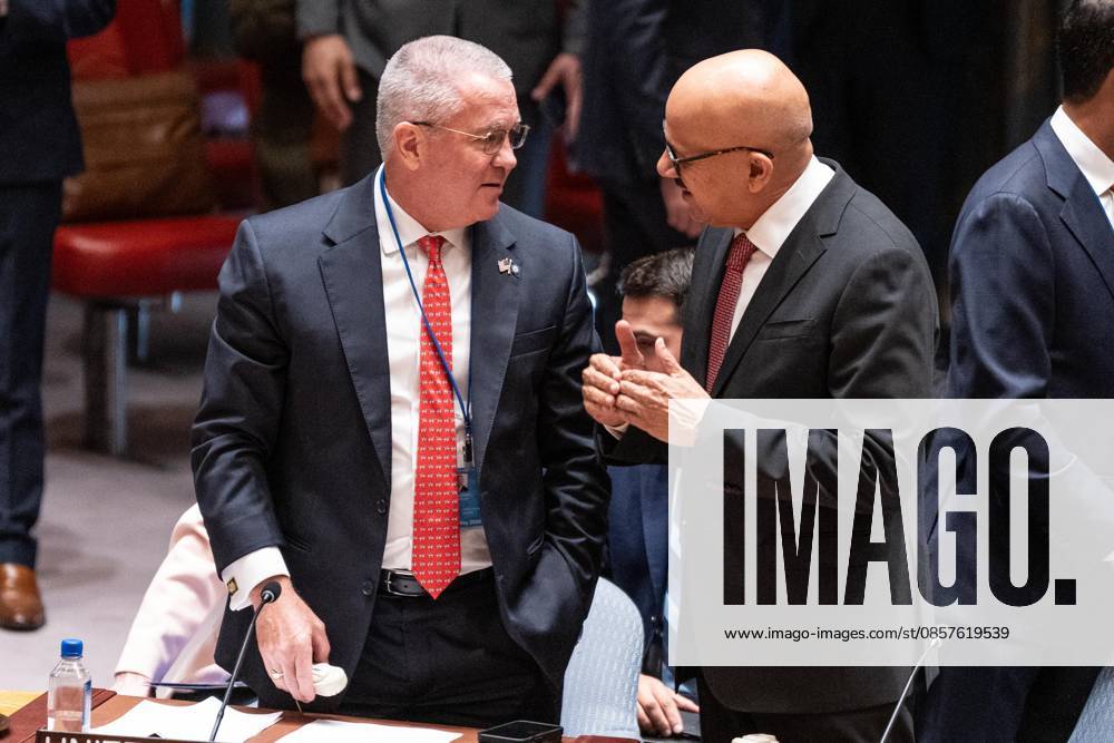 Michael George DeSombre, Assistant Secretary of.State for East Asian and Pacific Affairs speaks with Abdullatif bin Rashid Al Zayani, Minister for Foreign Affairs of Bahrain before the Security Council meeting on Upholding the purposes and principles of the UN Charter and strengthening the UN-centered international system at UN Headquarters in New York, NY on May 26, 2026. China organized this meeting as it is a President of Security Council for the month of May. New York USA - ZUMAr339 20260526_znp_r339_016