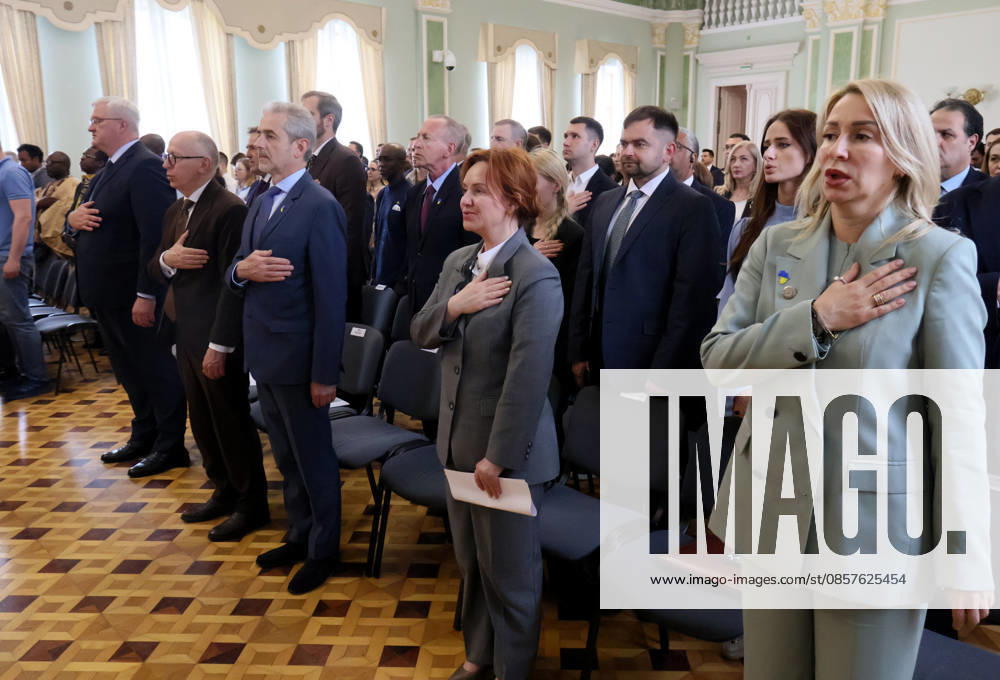 Participants place their hands over their hearts during the national anthem of Ukraine at the forum Ukraine–Africa: Past, Present and Future of Relations in Kyiv, Ukraine, on May 26, 2026. The event was organized to mark Africa Day 2026 in Ukraine at the Hennadii Udovenko Diplomatic Academy of Ukraine under the Ministry of Foreign Affairs (Photo by Pavlo Bahmut Ukrinform) Forum Ukraine–Africa Past, Present and Future of Relations held in Kyiv