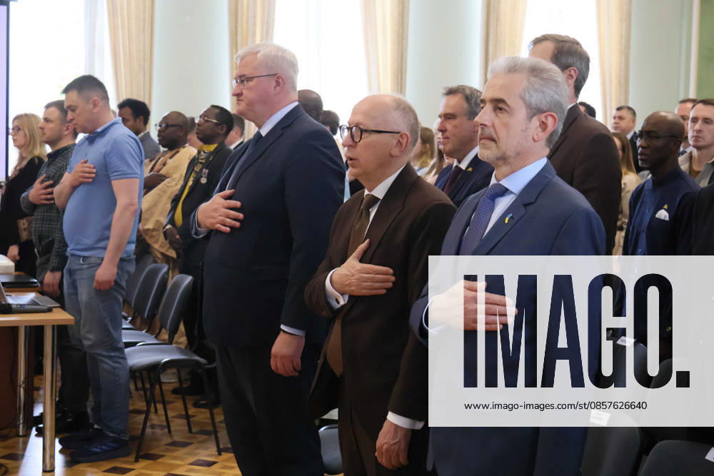 Forum Ukraine Africa Past, Present and Future of Relations held in Kyiv Ukrainian Foreign Minister Andrii Sybiha and Director of the Hennadii Udovenko Diplomatic Academy of Ukraine under the Ministry of Foreign Affairs Ihor Ostash (L to R) place their hands over their hearts during the national anthem of Ukraine at the forum Ukraine Africa: Past, Present and Future of Relations in Kyiv, Ukraine, on May 26, 2026. The event was organized to mark Africa Day 2026 in Ukraine, Credit:Pavlo Bahmut Ukrinform Avalon Ukraine, Kyiv