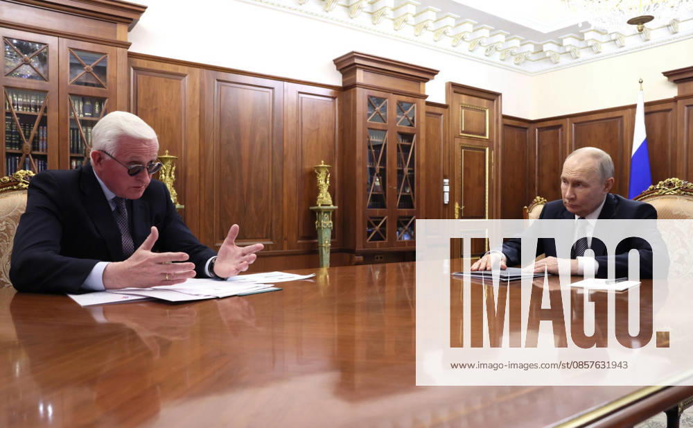 Russian President Vladimir Putin, listens to the Russian Union of Industrialists and Entrepreneurs president Alexander Shokhin, left, deliver his report during a face-to-face meeting at the Kremlin, May 26, 2026 in Moscow, Russia. Moscow Russia - ZUMAp138 20260526_zaa_p138_002