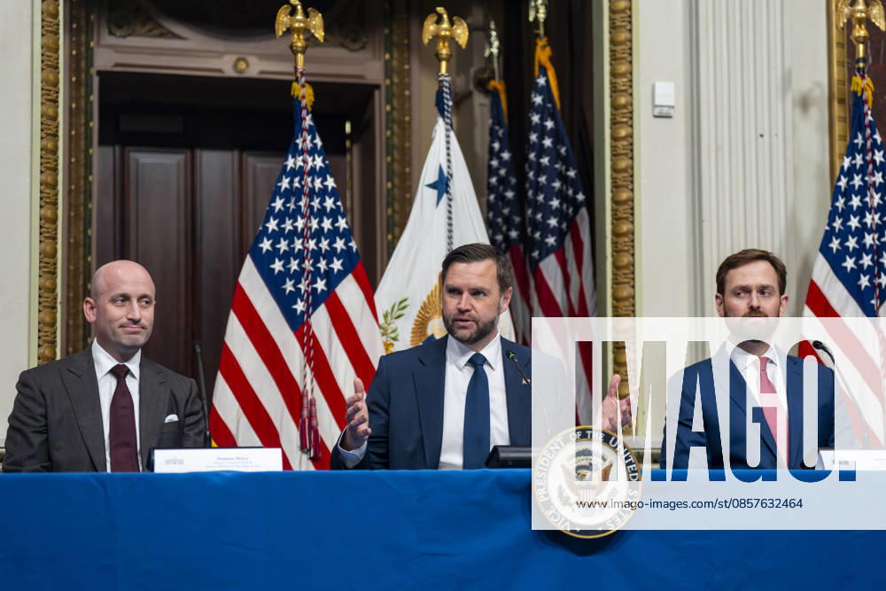 White House Chief of Staff for Policy Stephen Miller, Vice President JD Vance and Chairman of the Federal Trade Commission and Anti-Fraud Task Force Vice Chair Andrew Ferguson attend a roundtable on anti-fraud initiatives in the Indian Treaty Room in the Eisenhower Executive Building near the White House in Washington, DC on Tuesday, May 26, 2026. WAP20260526301 BONNIExCASH