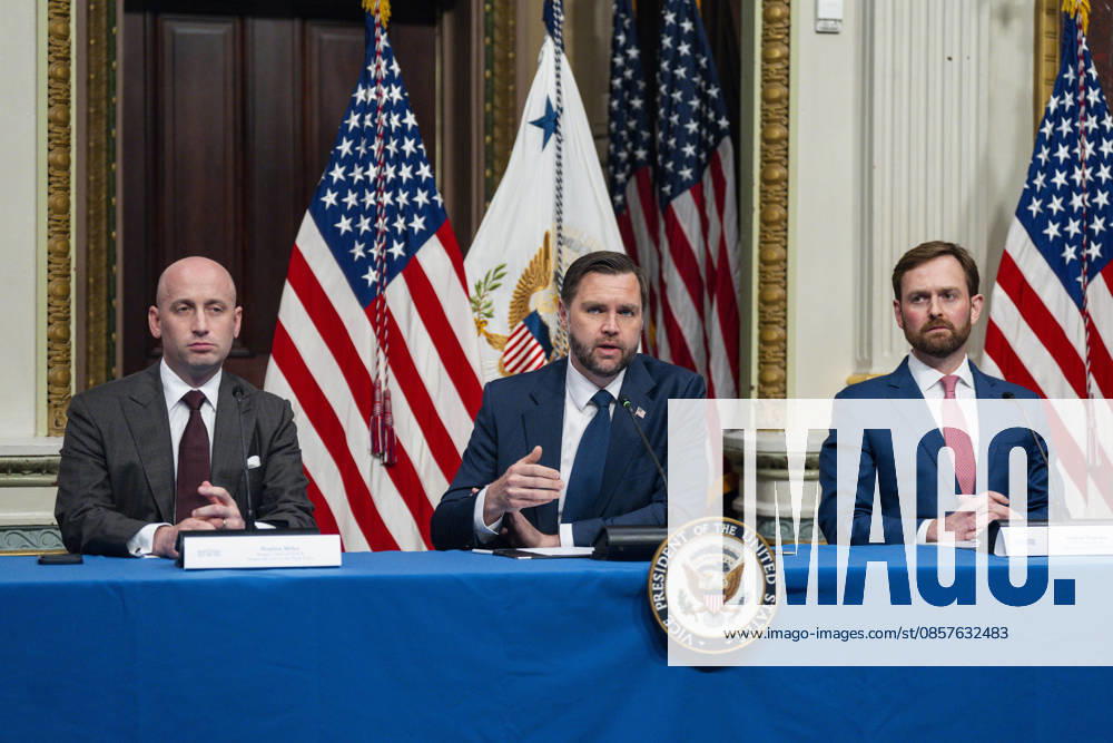 White House Chief of Staff for Policy Stephen Miller, Vice President JD Vance and Chairman of the Federal Trade Commission and Anti-Fraud Task Force Vice Chair Andrew Ferguson attend a roundtable on anti-fraud initiatives in the Indian Treaty Room in the Eisenhower Executive Building near the White House in Washington, DC on Tuesday, May 26, 2026. WAP20260526317 BONNIExCASH