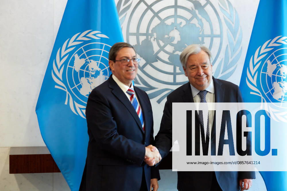 New York, Antonio Guterres trifft Außenminister von Kuba Bruno Rodriguez Parrilla May 26, 2026, New York, New York, USA: United Nations Secretary-General Anto³nio Guterres (r) meets with Cuban Foreign Minister Bruno RodroÂguez Parrilla (l) during a bilateral meeting at U.N. Headquarters in New York, May 26, 2026. New York USA - ZUMAs237 20260526_aap_s237_022