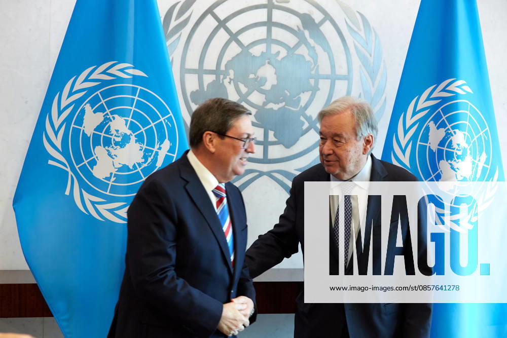 New York, Antonio Guterres trifft Außenminister von Kuba Bruno Rodriguez Parrilla May 26, 2026, New York, New York, USA: United Nations Secretary-General Anto³nio Guterres (r) meets with Cuban Foreign Minister Bruno RodroÂguez Parrilla (l) during a bilateral meeting at U.N. Headquarters in New York, May 26, 2026. New York USA - ZUMAs237 20260526_aap_s237_029
