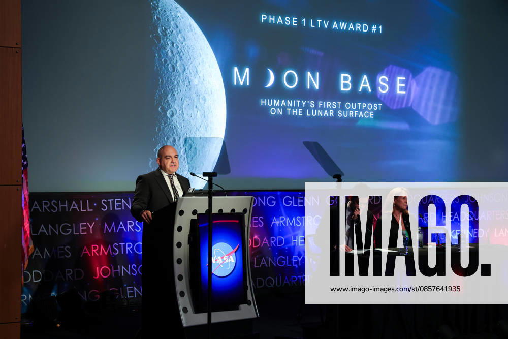 Joined onstage by NASA Administrator JARED ISAACMAN and LORI GLAZE, Acting Associate Administrator, Exploration Systems Development Mission Directorate, NASA, CARLOS GARCIA-GALAN, Program Executive, Moon Base, NASA, left at podium, speaks at a press conference announcing Moon Base plans and mission progress at NASA Headquarters in Washington, D.C. on May 26, 2026. NASA s Moon Base program is a long-term lunar exploration and infrastructure initiative designed to enable sustained human presence at the lunar South Pole. Washington USA - ZUMAd227 20260526_znp_d227_033