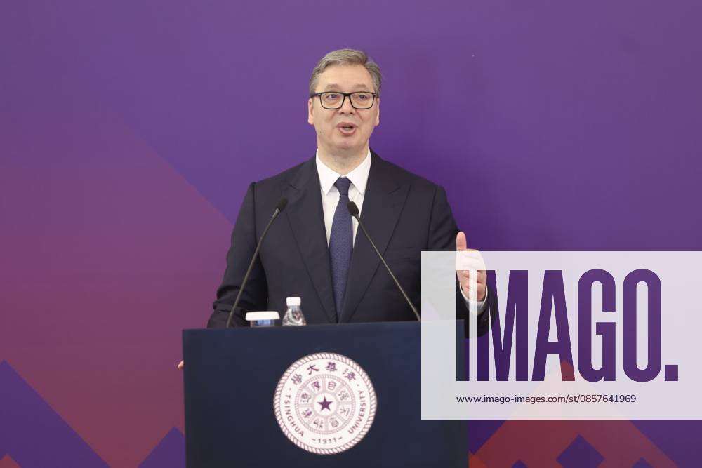 Serbian President Aleksandar Vucic delivers a speech while visiting Tsinghua University on May 26, 2026 in Beijing, China. Vucic is on a state visit to China from May 24 to 28.