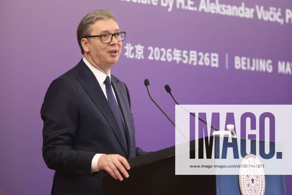 Serbian President Aleksandar Vucic delivers a speech while visiting Tsinghua University on May 26, 2026 in Beijing, China. Vucic is on a state visit to China from May 24 to 28.