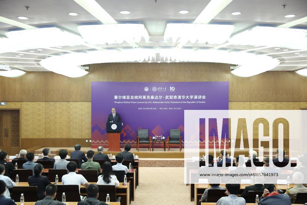 Serbian President Aleksandar Vucic delivers a speech while visiting Tsinghua University on May 26, 2026 in Beijing, China. Vucic is on a state visit to China from May 24 to 28.