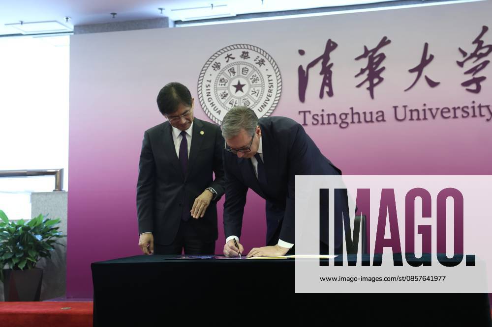 Serbian President Aleksandar Vucic (R) visits Tsinghua University on May 26, 2026 in Beijing, China. Vucic is on a state visit to China from May 24 to 28.
