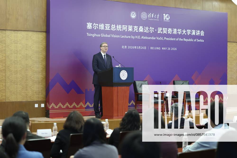 Serbian President Aleksandar Vucic delivers a speech while visiting Tsinghua University on May 26, 2026 in Beijing, China. Vucic is on a state visit to China from May 24 to 28.
