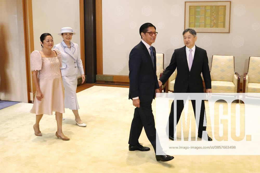 Philippine President Marcos Jr. in Japan Japanese Emperor Naruhito (far R) and Empress Masako (2nd from L) escort Philippine President Ferdinand Marcos Jr. and his wife Louise Araneta-Marcos at the Imperial Palace in Tokyo on May 27, 2026. (Pool photo) A14AA0005616890P