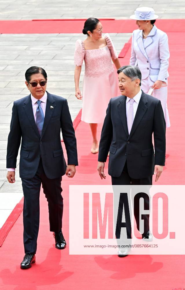 Welcome ceremony for Philippine President Marcos Jr. Philippine President Ferdinand Marcos Jr. (front, L) and his wife Louise Araneta-Marcos (back, L) attend a welcome ceremony with Japanese Emperor Naruhito and Empress Masako at the Imperial Palace in Tokyo on May 27, 2026, after arriving in Japan the previous day for a four-day state visit. (Pool photo) A14AA0005616863P