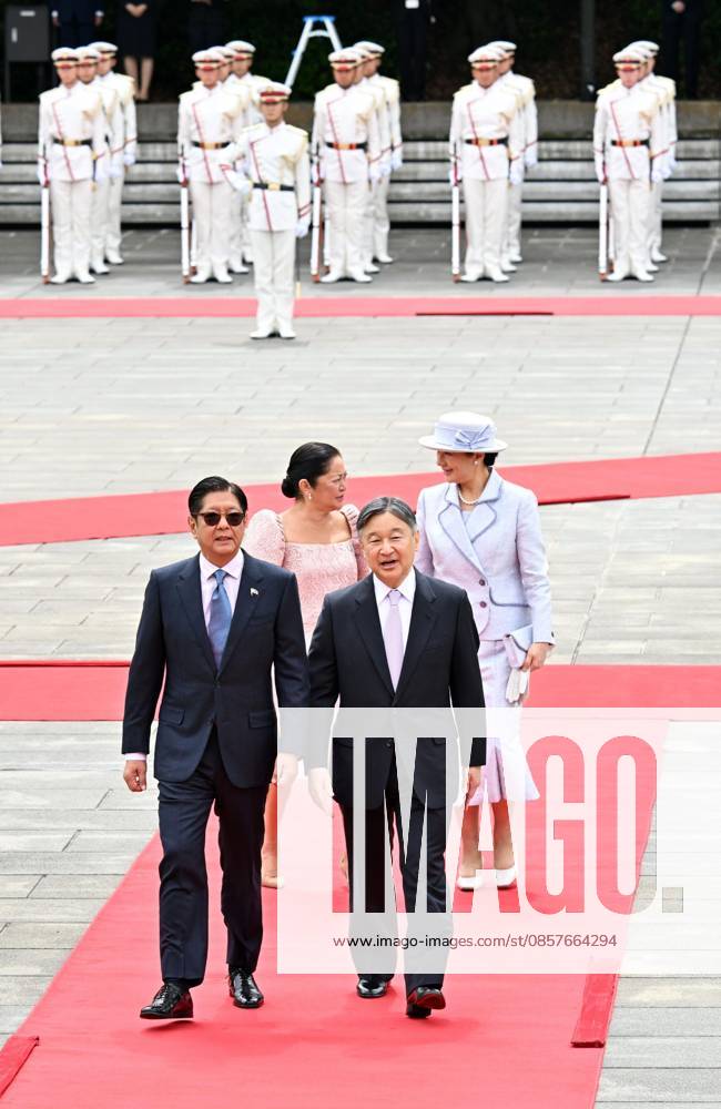 Welcome ceremony for Philippine President Marcos Jr. Philippine President Ferdinand Marcos Jr. (front, L) and his wife Louise Araneta-Marcos (back, L) attend a welcome ceremony with Japanese Emperor Naruhito and Empress Masako at the Imperial Palace in Tokyo on May 27, 2026, after arriving in Japan the previous day for a four-day state visit. (Pool photo) A14AA0005616864P
