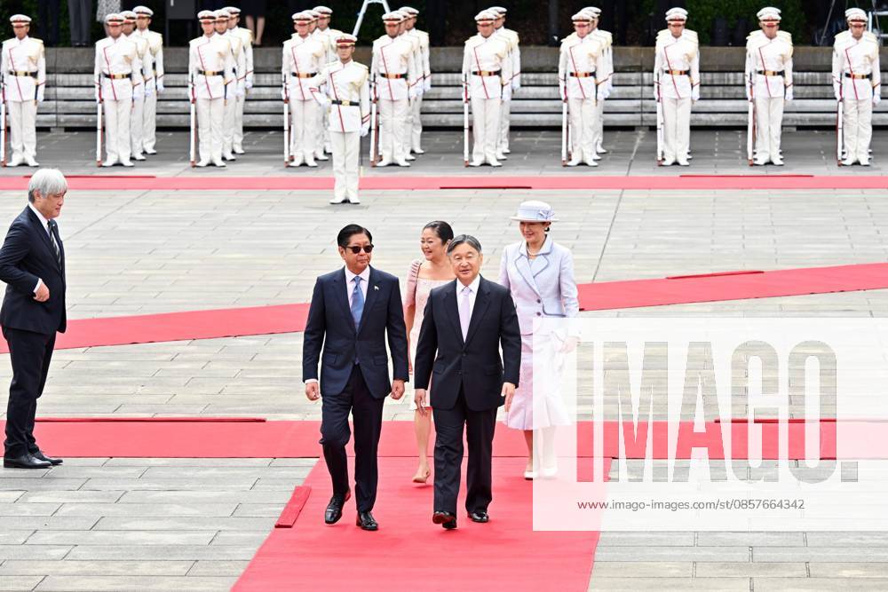 Welcome ceremony for Philippine President Marcos Jr. Philippine President Ferdinand Marcos Jr. (front, L) and his wife Louise Araneta-Marcos (back, L) attend a welcome ceremony with Japanese Emperor Naruhito and Empress Masako at the Imperial Palace in Tokyo on May 27, 2026, after arriving in Japan the previous day for a four-day state visit. (Pool photo) A14AA0005616879P