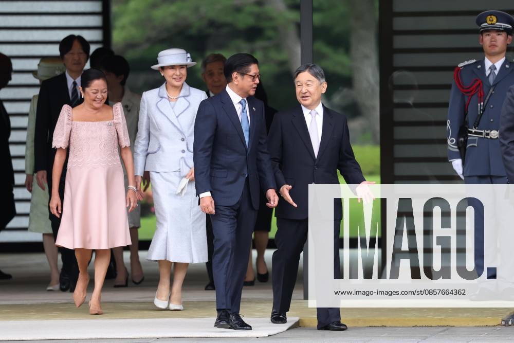 Philippine President Marcos Jr. in Japan Japanese Emperor Naruhito (far R) chats with Philippine President Ferdinand Marcos Jr. (2nd from R) while walking at the Imperial Palace in Tokyo on May 27, 2026. Walking behind them are Japanese Empress Masako (3rd from R) and the Philippine president s wife, Louise Araneta-Marcos. (Pool photo) A14AA0005616886P