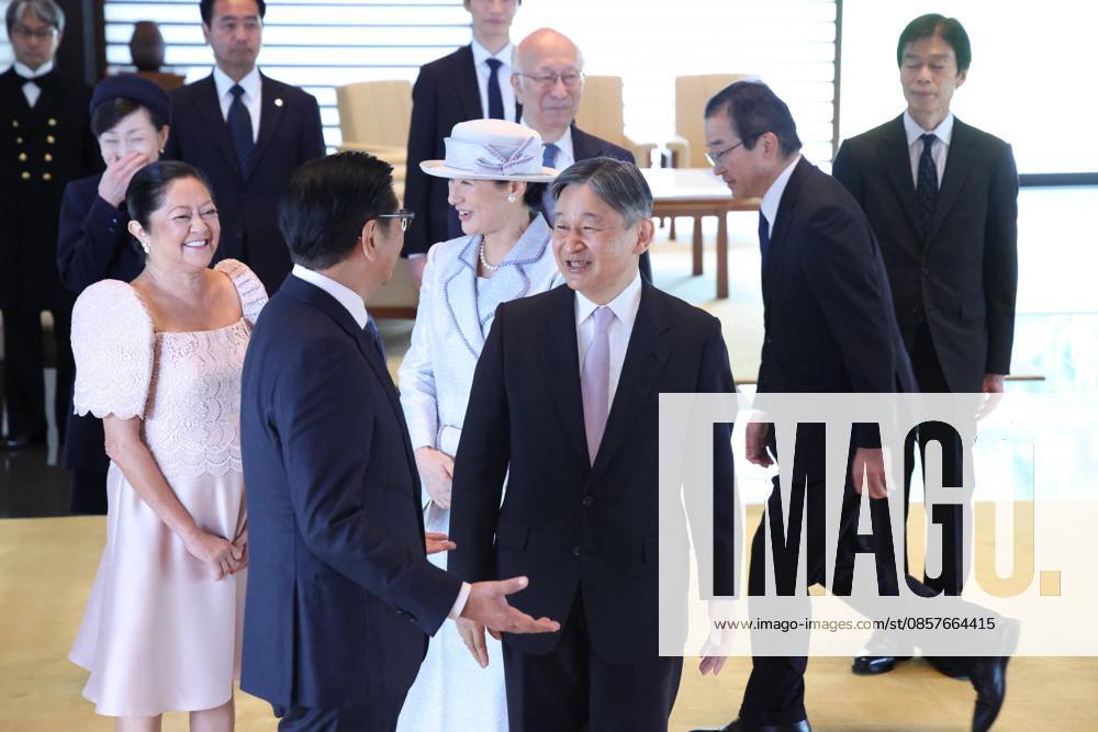 Philippine President Marcos Jr. in Japan Japanese Emperor Naruhito (front, R) chats with Philippine President Ferdinand Marcos Jr. (front L) at the Imperial Palace in Tokyo on May 27, 2026. Behind them are his wife Louise Araneta-Marcos (back, L) and Japanese Empress Masako. (Pool photo) A14AA0005616889P