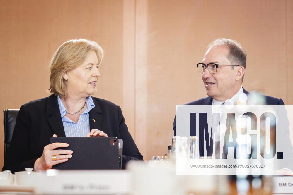 L R Baerbel Bas SPD , Federal Minister of Labor and Social Affairs, and Alexander Dobrindt CSU , Federal Minister of the Interior, recorded during a cabinet meeting in Berlin, 27 05 2026 Berlin Germany