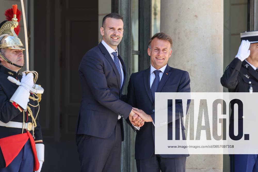Paris, France le 27 mai 2026 - Le President de la Republique Emmanuel Macron recoit M. Milojko Spajic, Premier ministre du Montenegro au Palais de l Elysee - The President of the Republic Emmanuel Macron receives Mr. Milojko Spajic, Prime Minister of Montenegro at the Elysee Palace