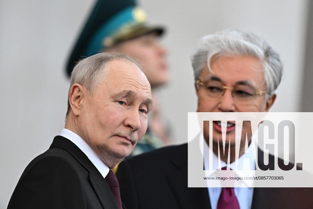 Kazakhstan Russia 9174621 27.05.2026 Russian President Vladimir Putin and Kazakh President Kassym-Jomart Tokayev attend a welcome ceremony upon Putin s arrival at Nursultan Nazarbayev International Airport in Astana, Kazakhstan. Sergey Bobylev Sputnik Astana Kazakhstan