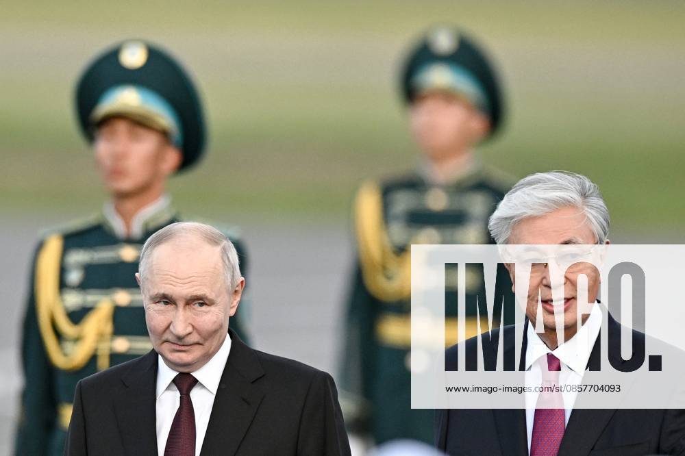 Kazakhstan Russia 9174628 27.05.2026 Russian President Vladimir Putin and Kazakh President Kassym-Jomart Tokayev attend a welcome ceremony upon Putin s arrival at Nursultan Nazarbayev International Airport in Astana, Kazakhstan. Sergey Bobylev Sputnik Astana Kazakhstan