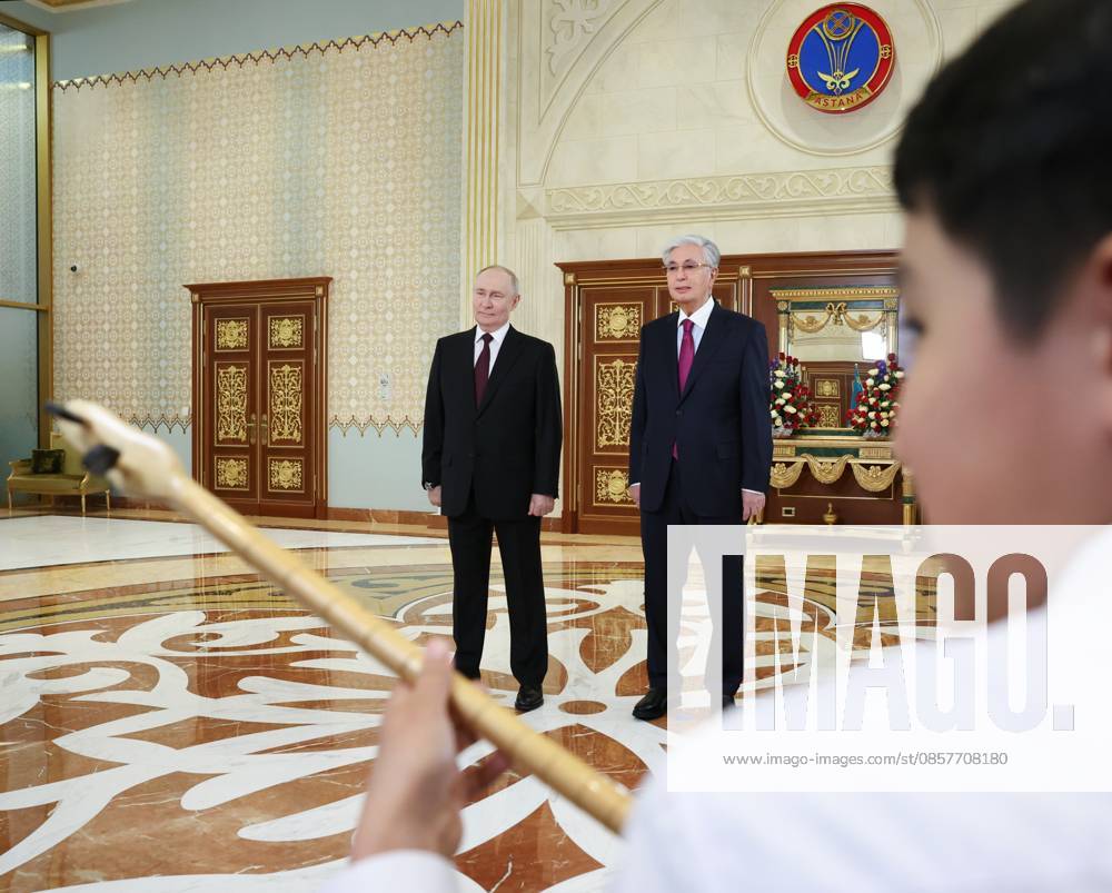 Kazakhstan Russia 9174661 27.05.2026 Russian President Vladimir Putin and Kazakh President Kassym-Jomart Tokayev attend a welcome ceremony upon Putin s arrival at Nursultan Nazarbayev International Airport in Astana, Kazakhstan. Alexander Kazakov Sputnik Astana Kazakhstan