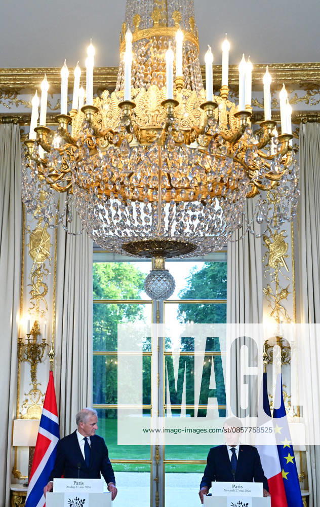 President Macron And Norwegian PM Gahr Store Press Conference - Paris President Emmanuel Macron receives Jonas Gahr Store, Prime Minister of the Kingdom of Norway, at the Elysée Palace in Paris, France on May 27, 2026, with discussions focusing on strengthening defense cooperation between the two countries. Photo by Christian Liewig Pool ABACAPRESS.COM Paris France