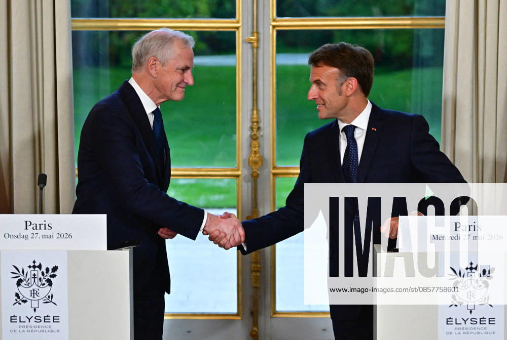President Macron And Norwegian PM Gahr Store Press Conference - Paris President Emmanuel Macron receives Jonas Gahr Store, Prime Minister of the Kingdom of Norway, at the Elysée Palace in Paris, France on May 27, 2026, with discussions focusing on strengthening defense cooperation between the two countries. Photo by Christian Liewig Pool ABACAPRESS.COM Paris France
