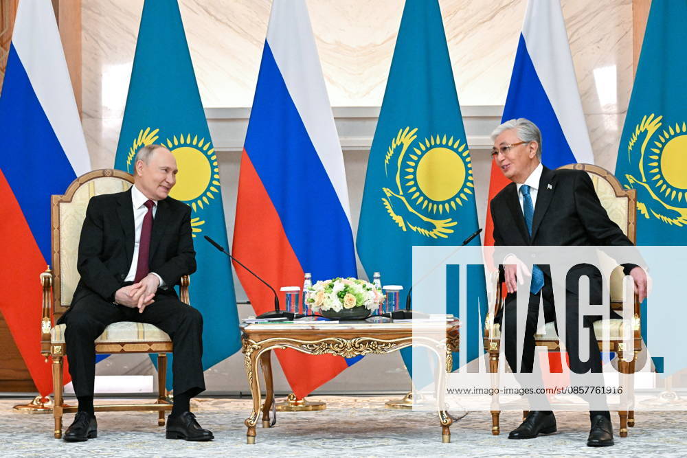 KAZAKHSTAN, ASTANA - MAY 28, 2026: Russia s President Vladimir Putin (L) and Kazakhstan s President Kassym-Jomart Tokayev are seen during a meeting at the Independence Palace. Sergei Bobylev TASS 93124954