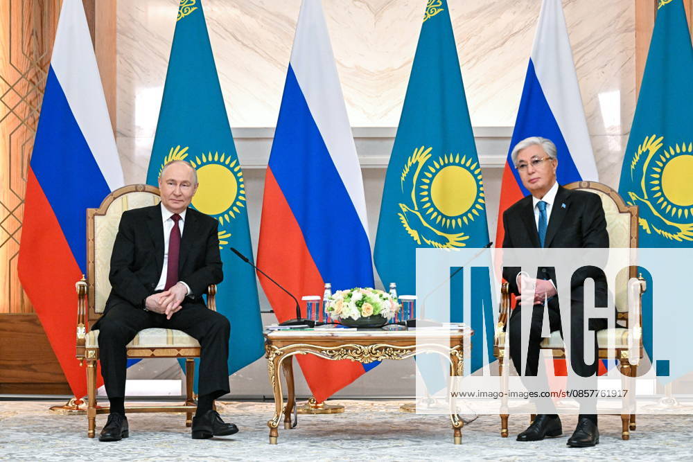 KAZAKHSTAN, ASTANA - MAY 28, 2026: Russia s President Vladimir Putin (L) and Kazakhstan s President Kassym-Jomart Tokayev are seen during a meeting at the Independence Palace. Sergei Bobylev TASS 93124956