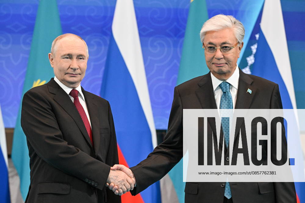 KAZAKHSTAN, ASTANA - MAY 28, 2026: Russia s President Vladimir Putin (L) and Kazakhstan s President Kassym-Jomart Tokayev shake hands during a meeting at the Independence Palace. Sergei Bobylev TASS 93124946