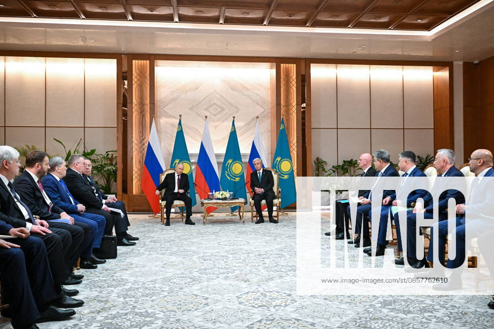 KAZAKHSTAN, ASTANA - MAY 28, 2026: Russia s President Vladimir Putin and Kazakhstan s President Kassym-Jomart Tokayev (L-R centre) are seen during a meeting at the Independence Palace. Sergei Bobylev TASS 93124932