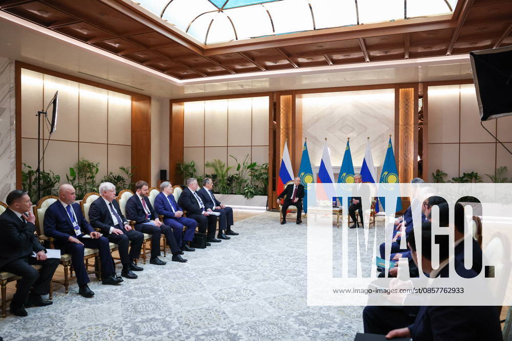 KAZAKHSTAN, ASTANA - MAY 28, 2026: Russia s President Vladimir Putin and Kazakhstan s President Kassym-Jomart Tokayev (L-R centre) are seen during a meeting at the Independence Palace. Alexander Kazakov Russian Presidential Press and Information Office TASS 93125142