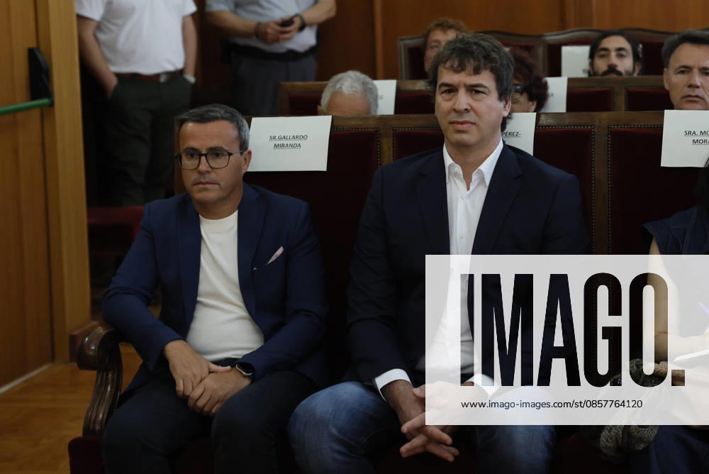 David Sanchez (R), brother of Spanish Prime Minister Pedro Sanchez, and former leader of the Extremadura branch of ruling party PSOE, Miguel Angel Gallardo (L) attend to the trial held in the regional Court of Badajoz, Spain on 28 May 2026 in the case of David Sanchez alleged irregular hiring as the head of the performing arts office within the provincial government of Badajoz. Sanchez, who resigned from the post in February face the charges of alleged embezzlement and influence peddling related to his appointment. The brother of Prime Minister David Sanchez face a trial for his allegedly irregular hiring as the head of the performing arts office !ACHTUNG: NUR REDAKTIONELLE NUTZUNG!